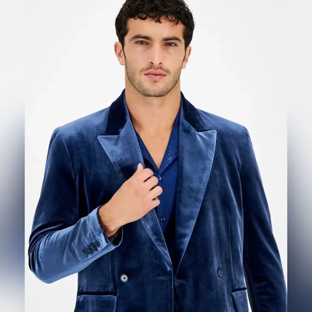 🩵NWT INC Blue Velvet Double Breasted Slim Fit Blazer Men's XSmall